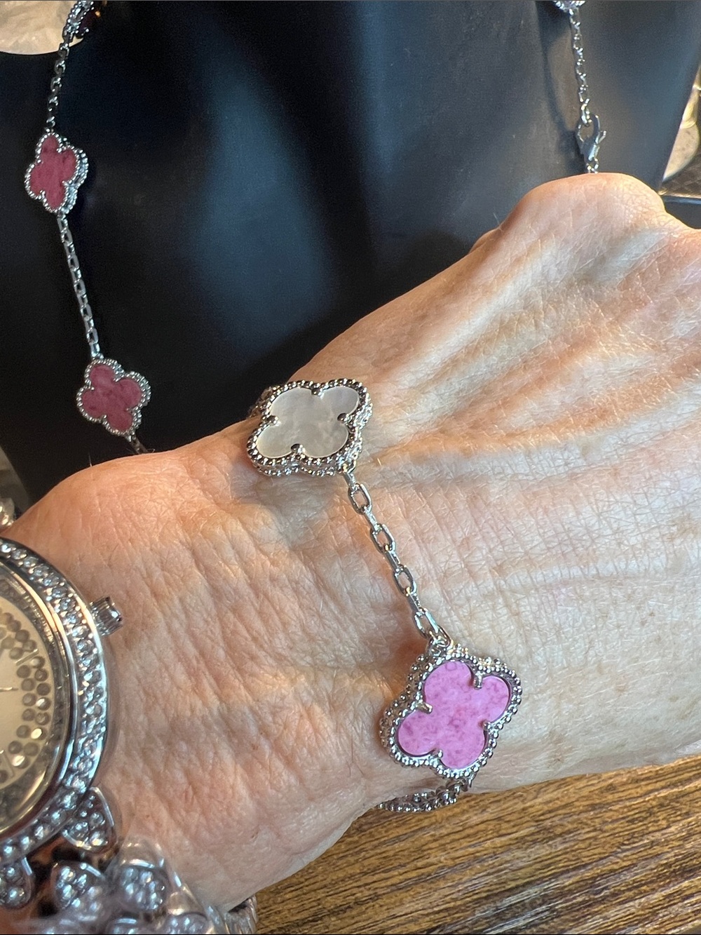 Silver Clover Link Bracelet with Pink Stone and White Mother of Pearl